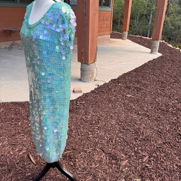 Vintage Norma Kamali dress sequined sequin teal Turquoise mermaid sz L paillete - Picture 11 of 17